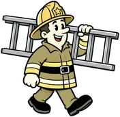 Mascot carrying a ground ladder over one shoulder