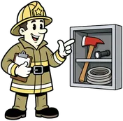 Mascot with a clipboard pointing at an open apparatus compartment holding an axe, flashlight, and hose